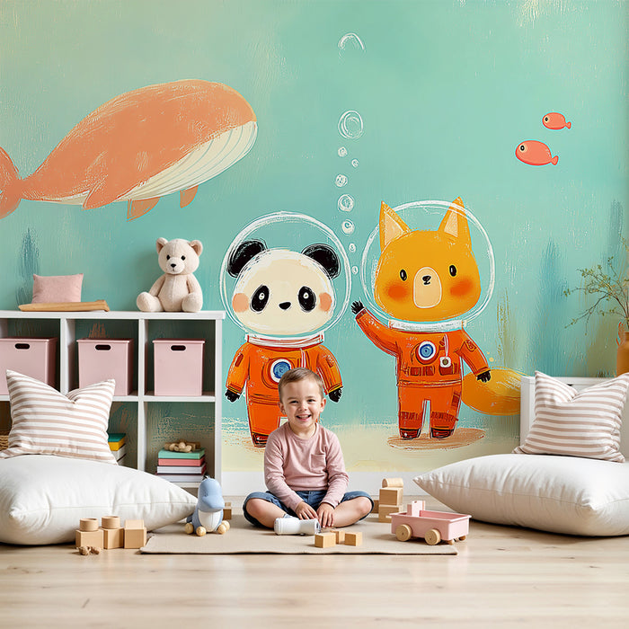 Kinderkamer behang | Onderwateravontuur met panda en vos astronauten
