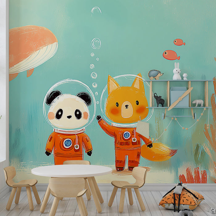 Kinderkamer behang | Onderwateravontuur met panda en vos astronauten