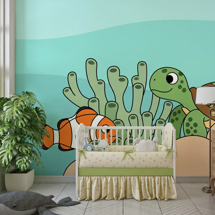 Papel pintado infantil | Aventura submarina con peces y tortuga