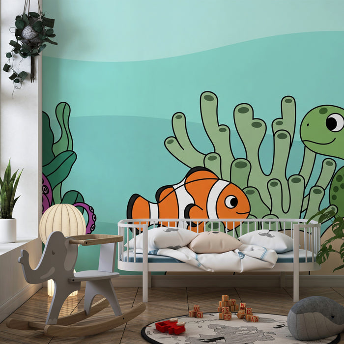 Papel pintado infantil | Aventura submarina con peces y tortuga