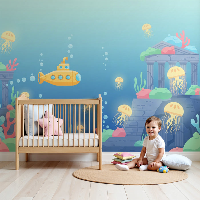 Papel de parede criança | Aventura submarina com submarino e medusas coloridas