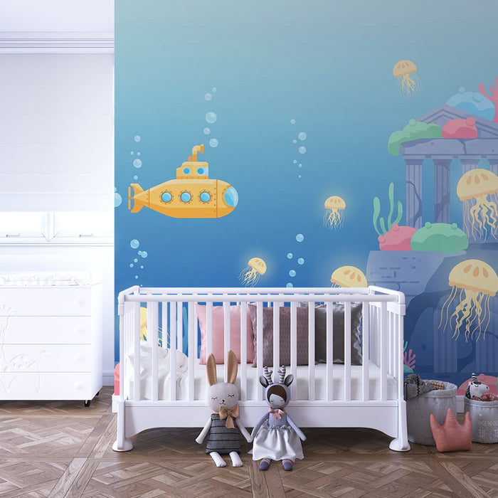Papel de parede criança | Aventura submarina com submarino e medusas coloridas