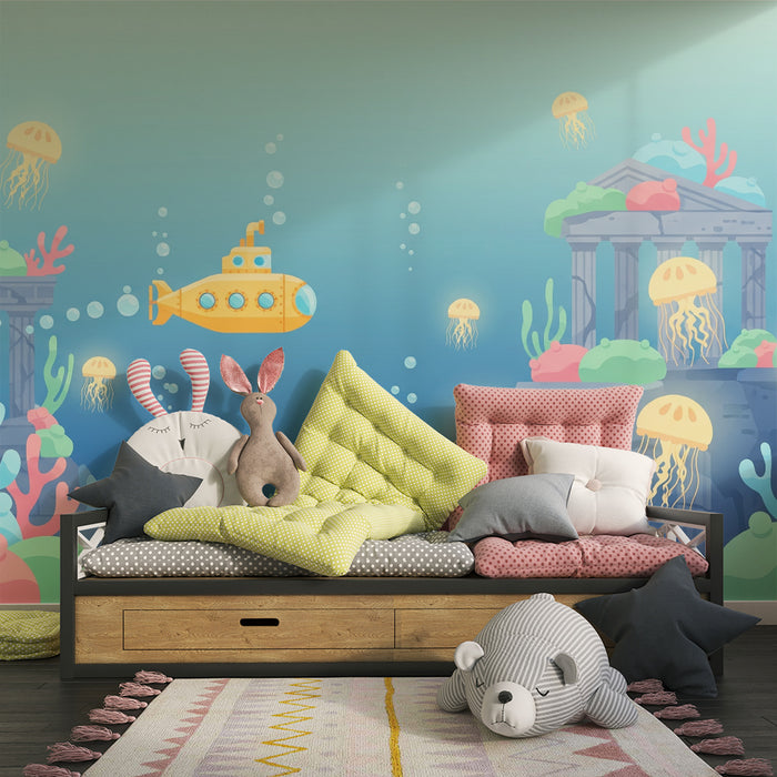 Papel de parede criança | Aventura submarina com submarino e medusas coloridas