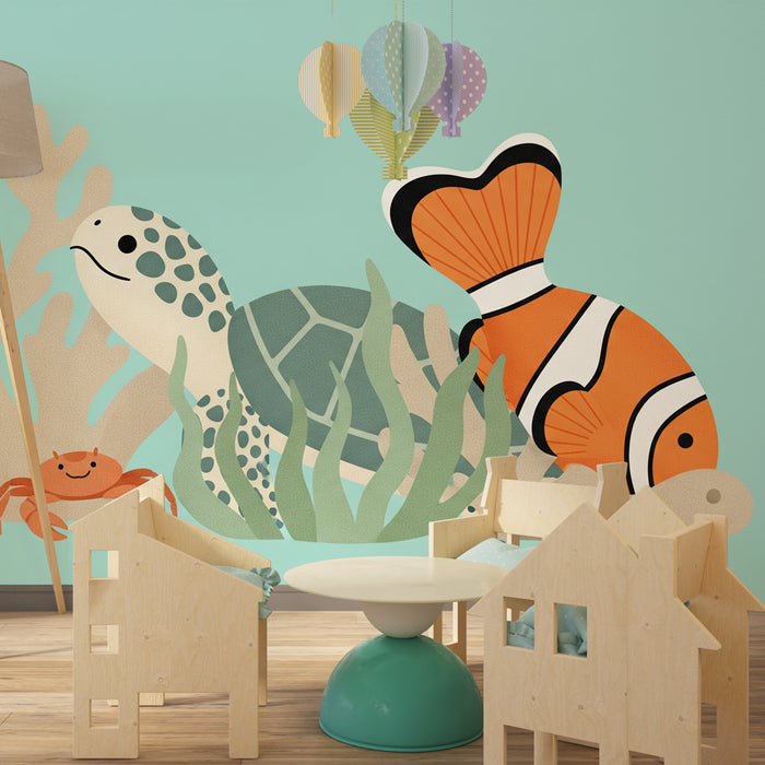 Papier peint chambre enfant | Aventure sous-marine avec tortue et poissons