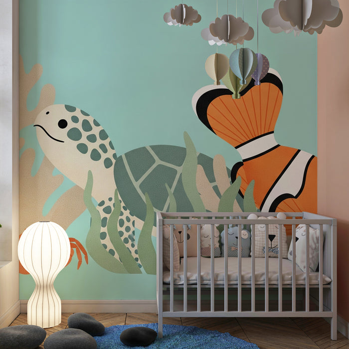 Papier peint chambre enfant | Aventure sous-marine avec tortue et poissons
