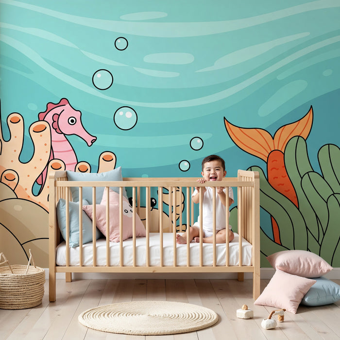 Papel pintado infantil | Aventura submarina con un caballito de mar y un cangrejo