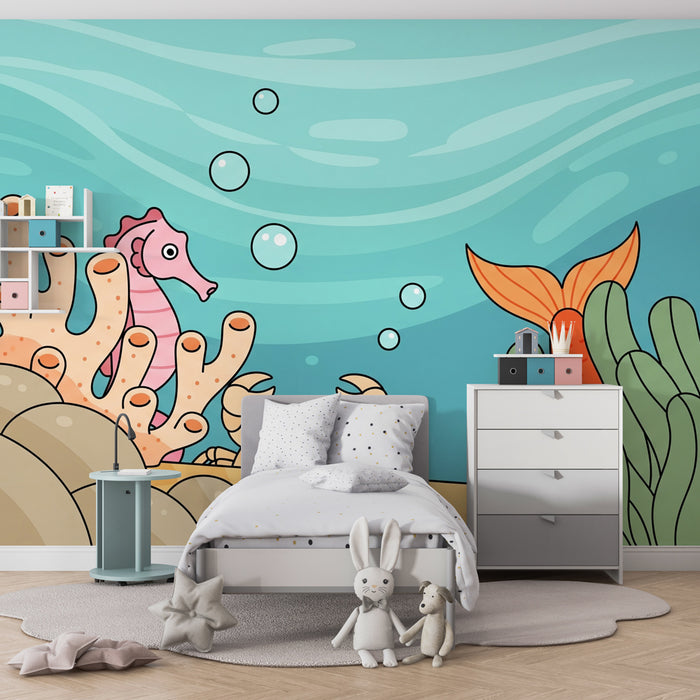Papel pintado infantil | Aventura submarina con un caballito de mar y un cangrejo