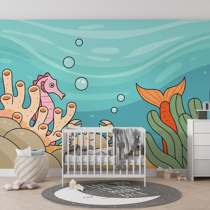 Papel pintado infantil | Aventura submarina con un caballito de mar y un cangrejo