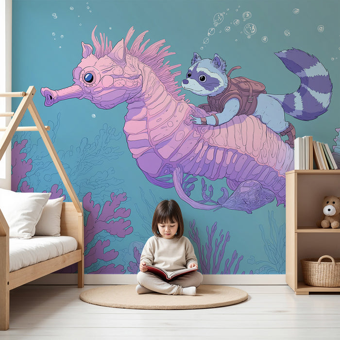 Kids' Room Wallpaper | Underwater Adventure with a Seahorse and a Raccoon