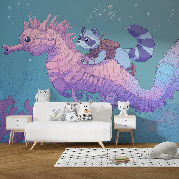 Kids' Room Wallpaper | Underwater Adventure with a Seahorse and a Raccoon
