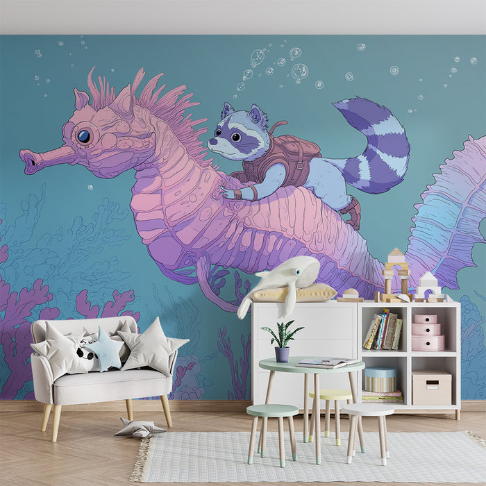 Kids' Room Wallpaper | Underwater Adventure with a Seahorse and a Raccoon
