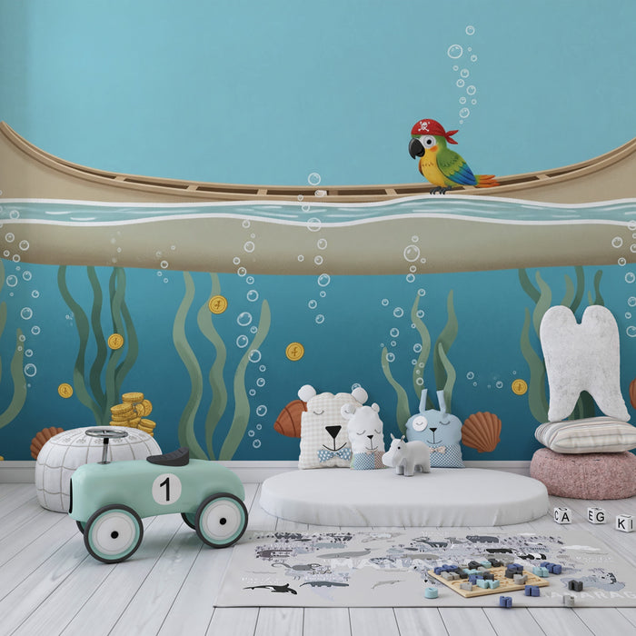 Carta da parati bambini | Avventura sottomarina con un pappagallo pirata