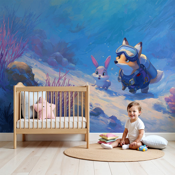 Kinderkamer behang | Onderwateravontuur met een vos en een konijn