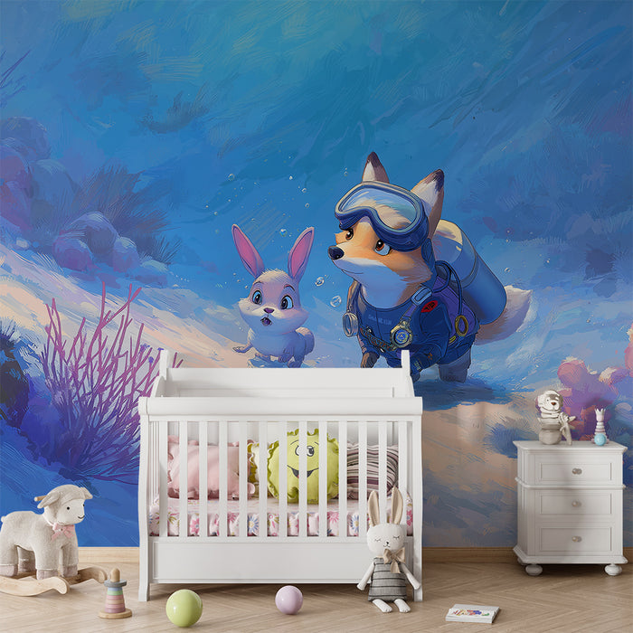 Kinderkamer behang | Onderwateravontuur met een vos en een konijn