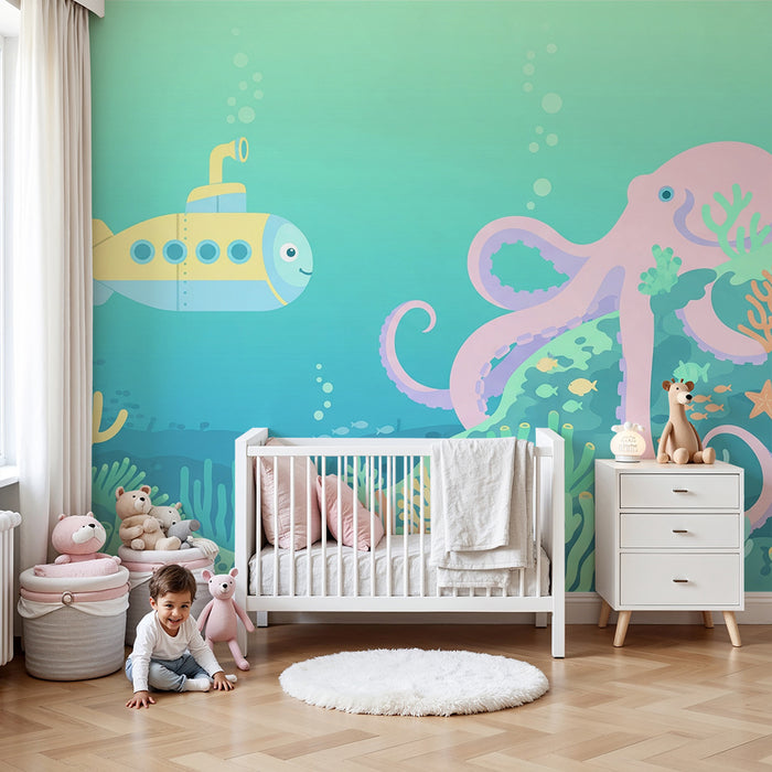 Kinderzimmer Tapete | Unterwasserabenteuer mit U-Boot und Krake