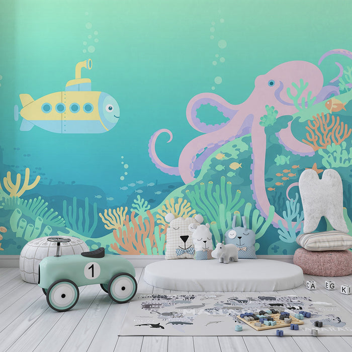 Kinderzimmer Tapete | Unterwasserabenteuer mit U-Boot und Krake