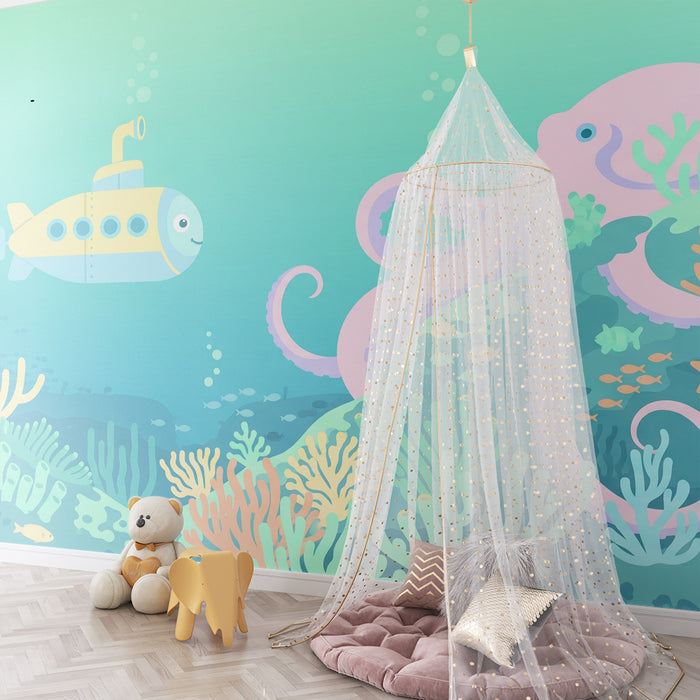Kinderzimmer Tapete | Unterwasserabenteuer mit U-Boot und Krake