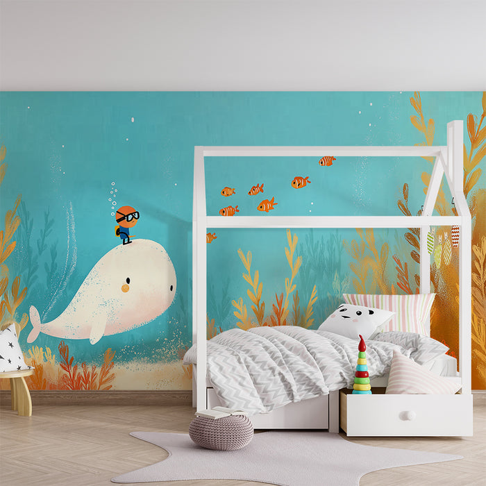 Papel de parede criança | Aventura subaquática com uma baleia e peixes coloridos