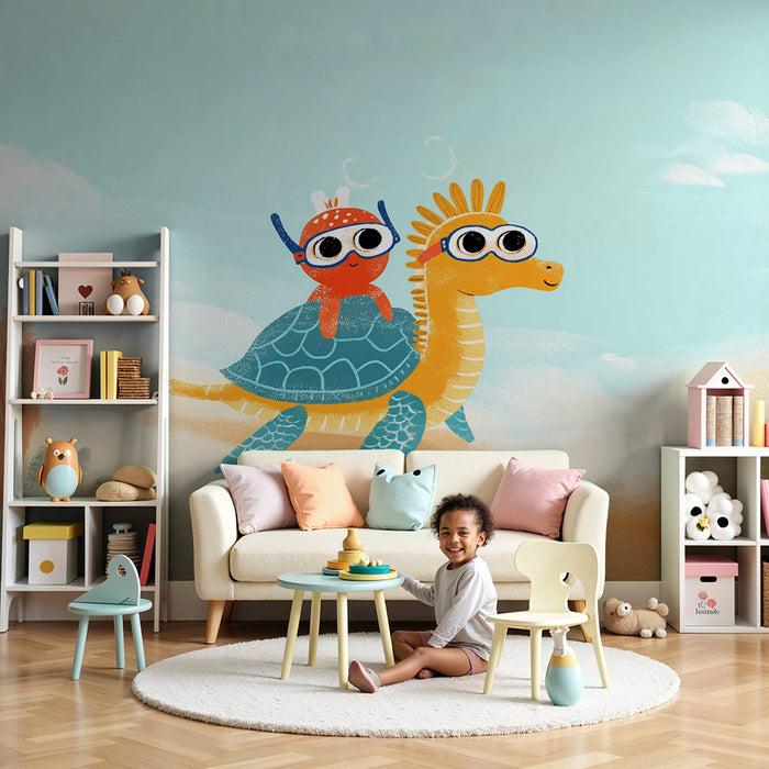 Kids room wallpaper | Podmořské dobrodružství s želvou a malou barevnou postavičkou