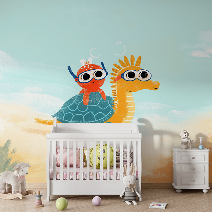 Kids room wallpaper | Podmořské dobrodružství s želvou a malou barevnou postavičkou