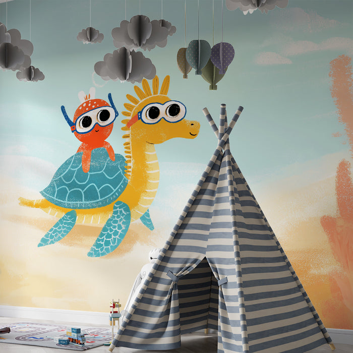 Kids room wallpaper | Podmořské dobrodružství s želvou a malou barevnou postavičkou