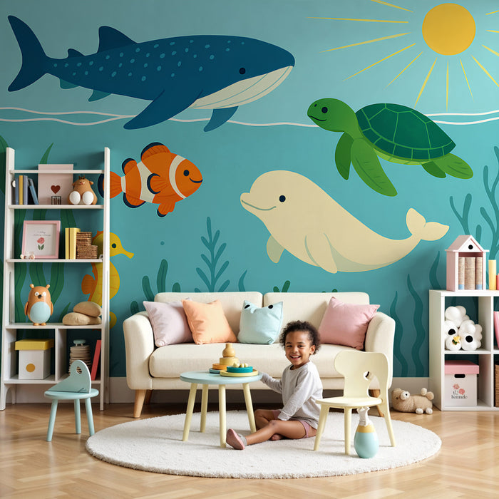 Papel pintado infantil | Aventura submarina colorida con animales marinos