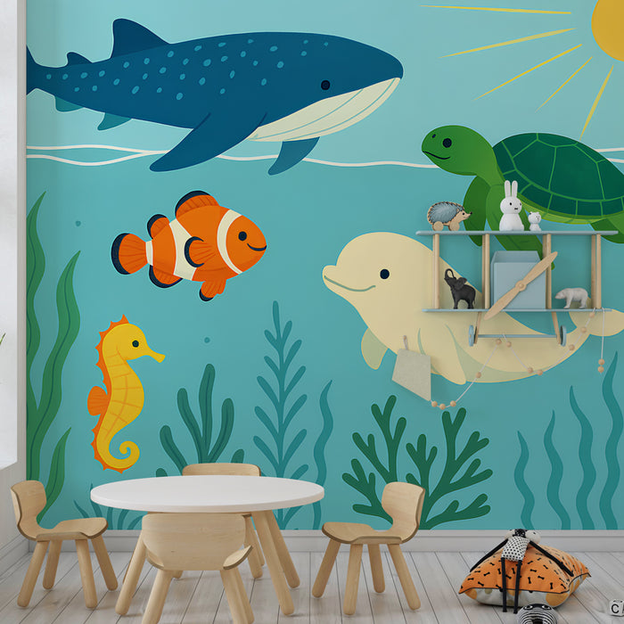 Papel pintado infantil | Aventura submarina colorida con animales marinos