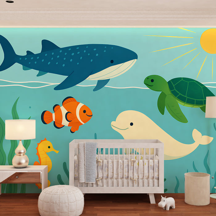 Papel pintado infantil | Aventura submarina colorida con animales marinos
