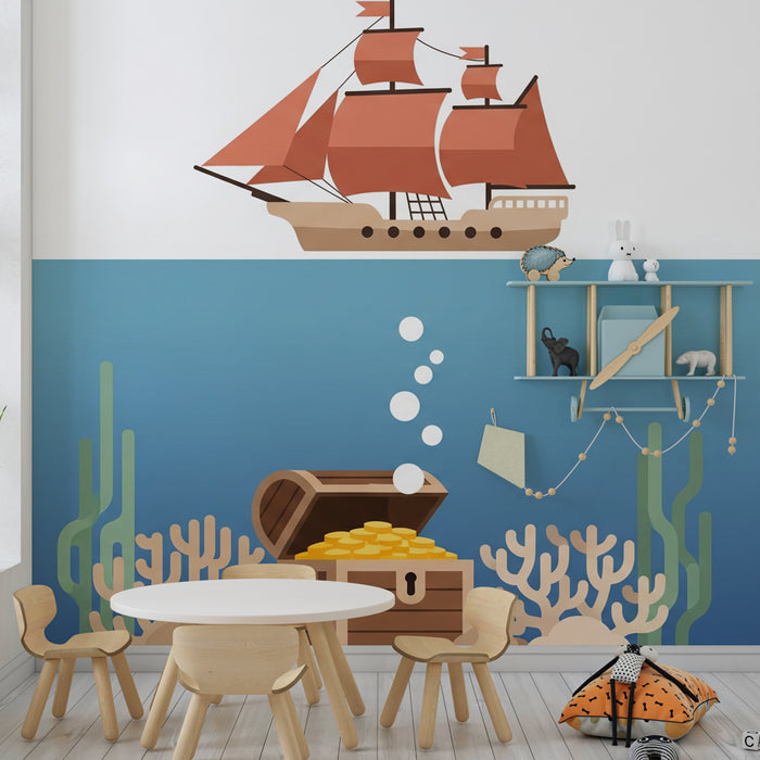Kids room wallpaper | Underwater adventure and pirate treasures