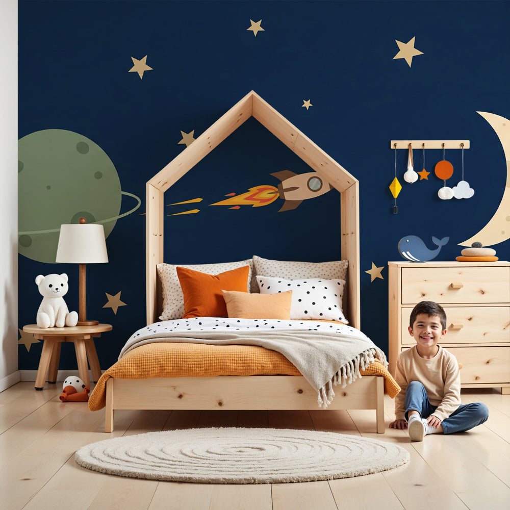 Papel de parede criança | Aventura espacial com foguete e estrelas, image size:1000x1000