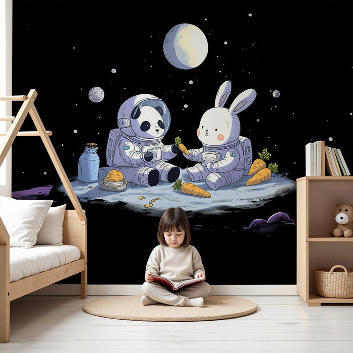 Papel de parede criança | Aventura espacial com um panda e um coelho astronauta