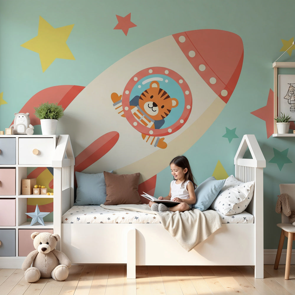 Papier peint chambre enfant | Aventure spatiale avec un tigre astronau ...