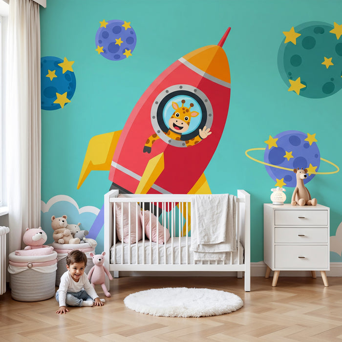 Kinderzimmer Tapete | Weltraumabenteuer mit einer Giraffe