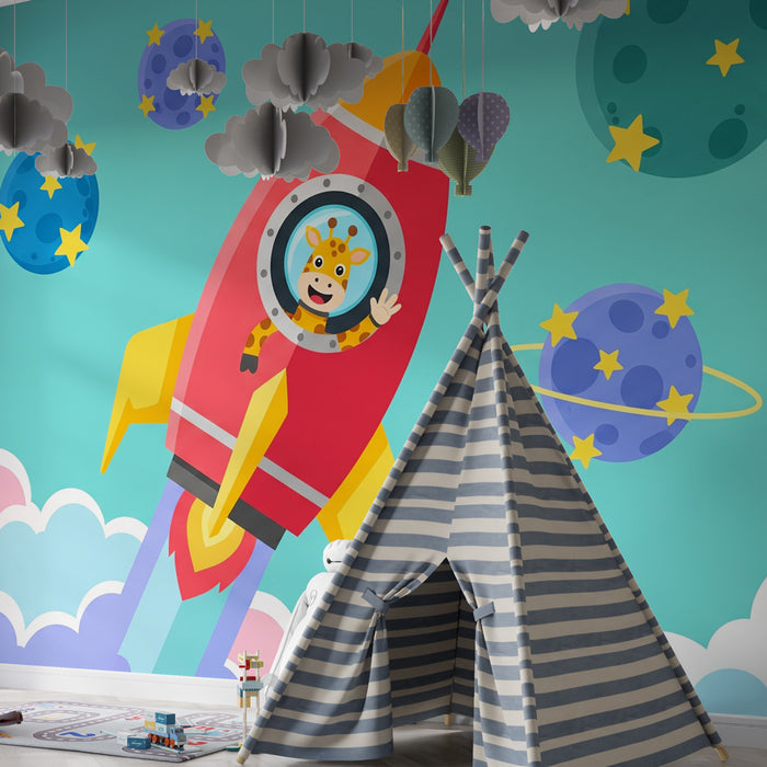 Kinderzimmer Tapete | Weltraumabenteuer mit einer Giraffe