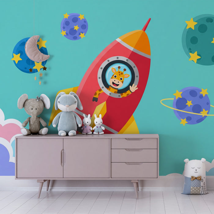 Kinderzimmer Tapete | Weltraumabenteuer mit einer Giraffe