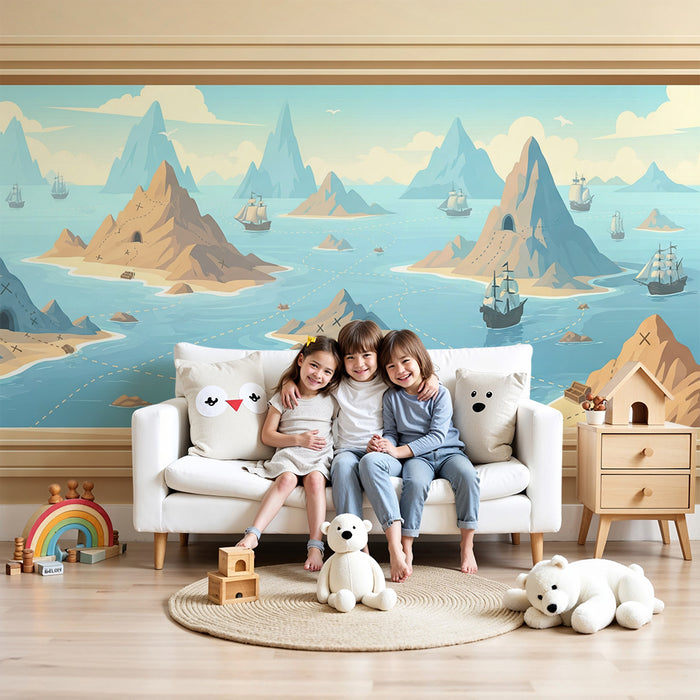Papier peint chambre enfant | Aventure sur les mers avec îles mystérieuses et bateaux de pirates