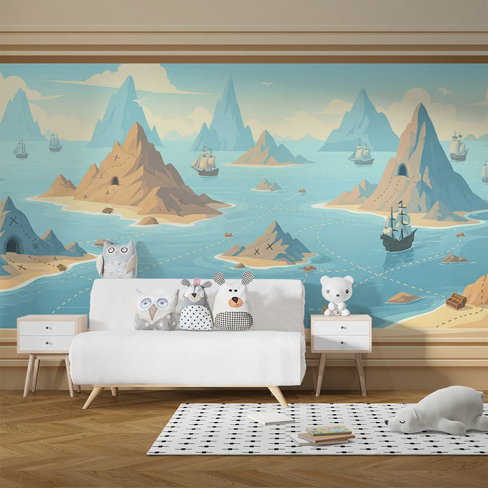 Papier peint chambre enfant | Aventure sur les mers avec îles mystérieuses et bateaux de pirates