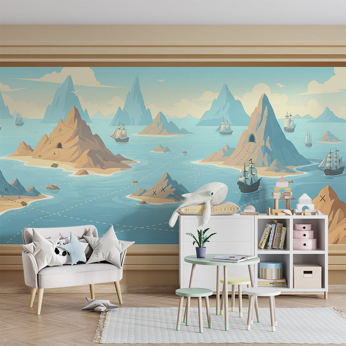 Papier peint chambre enfant | Aventure sur les mers avec îles mystérieuses et bateaux de pirates