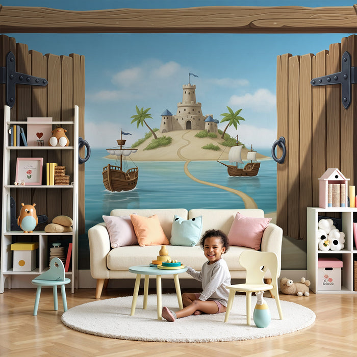 Papier peint chambre enfant | Aventure sur une île avec château de sable et bateaux