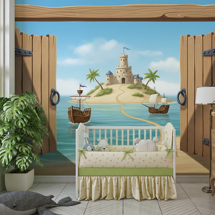 Papier peint chambre enfant | Aventure sur une île avec château de sable et bateaux