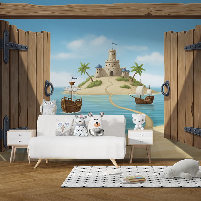 Papier peint chambre enfant | Aventure sur une île avec château de sable et bateaux