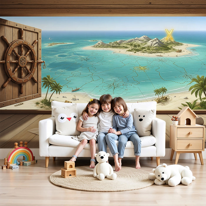 Papel de parede para quarto infantil | Aventura numa ilha deserta com mapa do tesouro