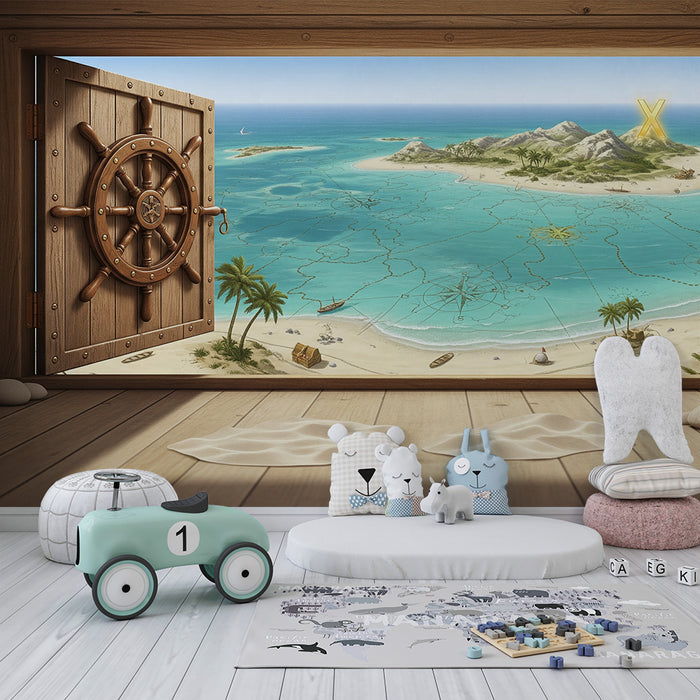 Papel de parede para quarto infantil | Aventura numa ilha deserta com mapa do tesouro