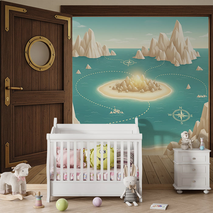 Carta da parati camera bambini | Avventura su un'isola misteriosa con mare turchese