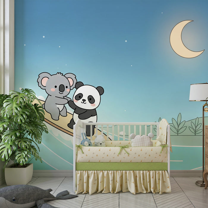 Papier peint chambre enfant | Aventure sur une planche de surf avec des animaux trop mignons