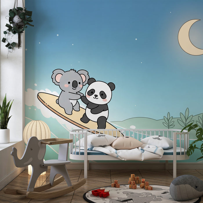 Papier peint chambre enfant | Aventure sur une planche de surf avec des animaux trop mignons