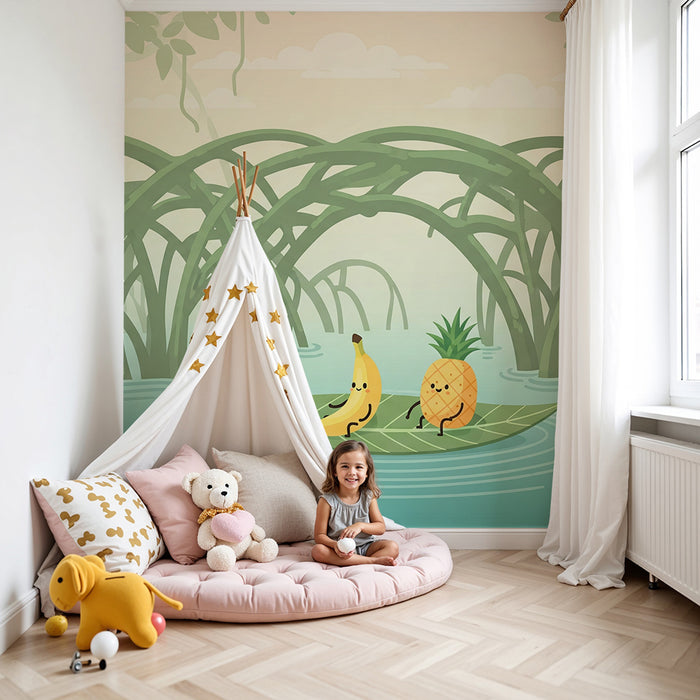 Papel de parede para quarto de criança | Aventura tropical com banana e ananás numa jangada