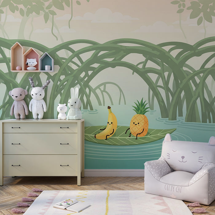 Papel de parede para quarto de criança | Aventura tropical com banana e ananás numa jangada