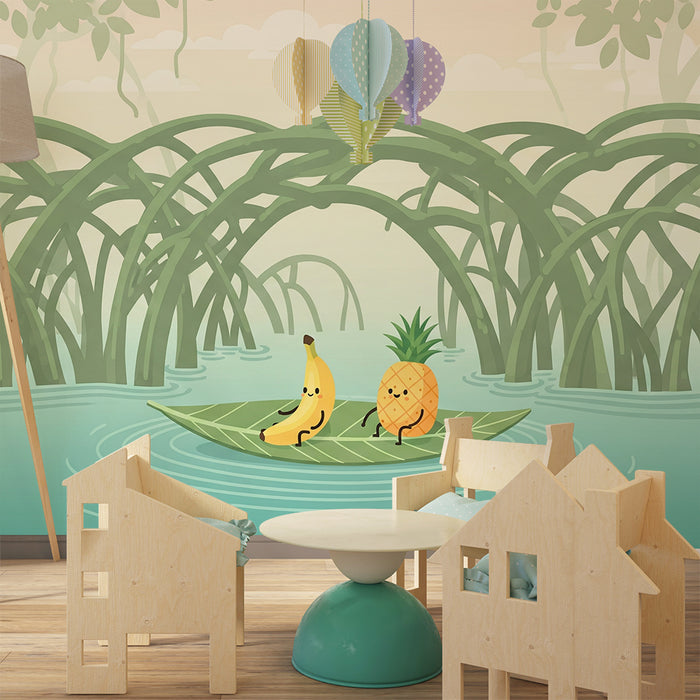 Papel de parede para quarto de criança | Aventura tropical com banana e ananás numa jangada