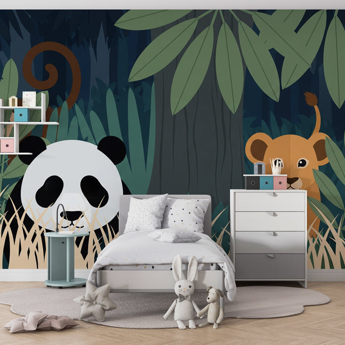 Kinderkamer behang | Avonturen in de jungle met een panda en een leeuwenwelp